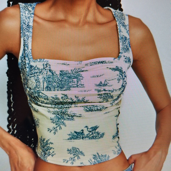 NEW Toile De Jouy Square Neck Tank Top - Picture 10 of 12